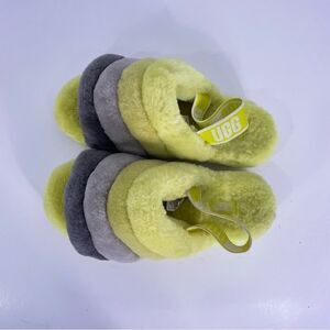 UGG Yellow & Grey Striped Fuzzy Open Toe Slippers Size 7